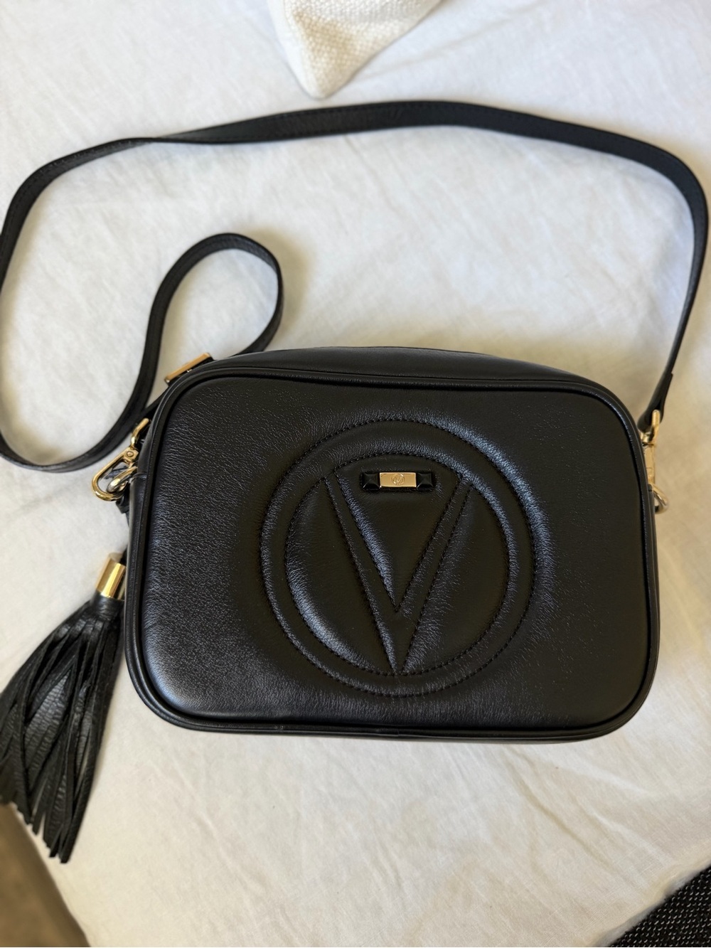 Valentino Mia Signature Black Leather Camera bag w/ Crossbody strap and Tassel